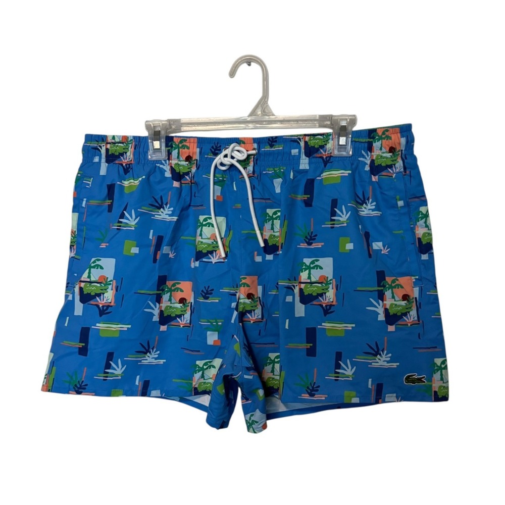Lacoste Swim Trunks Mens XL Blue All Over Crocodile Beach Mesh Lined Tropical 4"